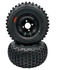 Set of 2-18x9.50-8 Knobby Wheel Assembly with black metal wheels for go karts and ATVs, tubeless design, side view