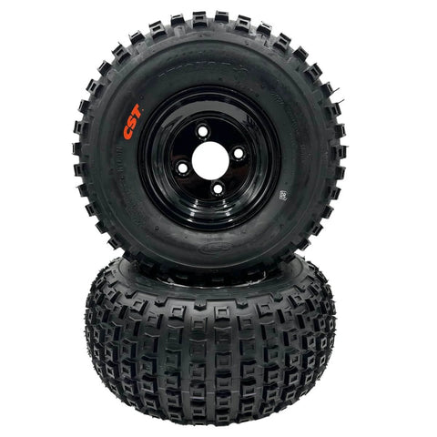 Set of 2-18x9.50-8 Knobby Wheel Assembly with black metal wheels for go karts and ATVs, tubeless design, side view