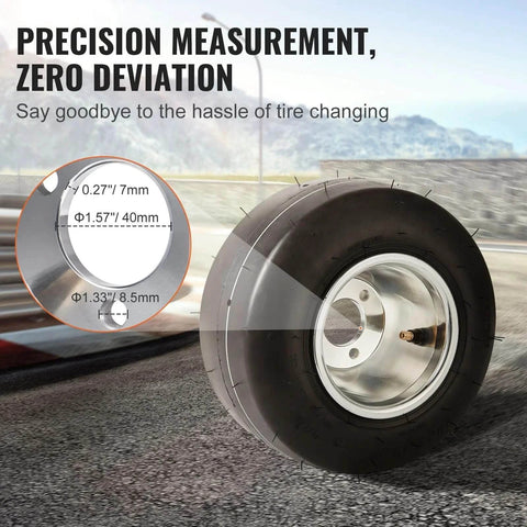 Go Kart Front Wheels 10x4.5-5 with Aluminum Alloy Rims and Rubber Tires 2 Pack displayed on racetrack