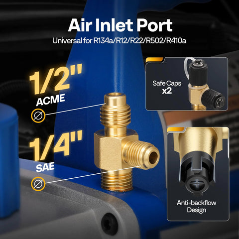 VIVOHOME vacuum pump inlet port with brass fittings, 1/2" ACME and 1/4" SAE, blue housing, anti-backflow design.