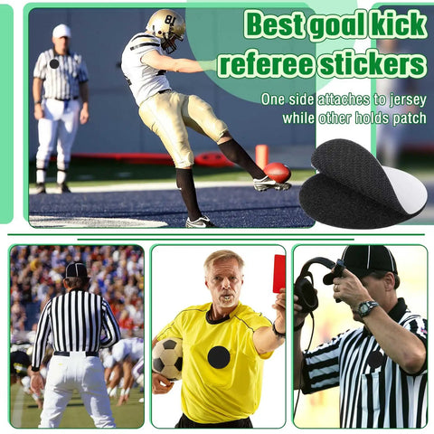 Football referee using sticky patch for goal kick call demonstration with product close-up of hook and loop stickers in sports setting.