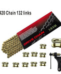 Gold 420 Motorcycle Chain 132 Link Standard Roller Chain With Chain Breaker And 10 Master Links For 100cc 110cc 125cc Dirt Pit Bike ATV Quad Go Kart Scooter By LKSM Built Tough From High Tensile Steel With Gold Plated Finish For Superior Corrosion.