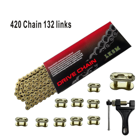 Gold 420 Motorcycle Chain 132 Link Standard Roller Chain With Chain Breaker And 10 Master Links For 100cc 110cc 125cc Dirt Pit Bike ATV Quad Go Kart Scooter By LKSM Built Tough From High Tensile Steel With Gold Plated Finish For Superior Corrosion.