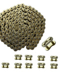 Gold 420 Motorcycle Chain 132 Link Standard Roller Chain With Chain Breaker And 10 Master Links displayed on white background