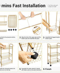 Step-by-step assembly of 3 Tier Rolling Utility Cart With Mesh Baskets And Gold Finish Easy Assembly. Features steel frame and lockable wheels.