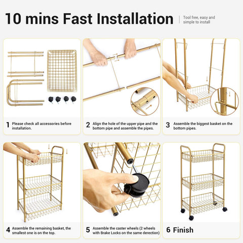 Step-by-step assembly of 3 Tier Rolling Utility Cart With Mesh Baskets And Gold Finish Easy Assembly. Features steel frame and lockable wheels.