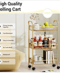 3 Tier Rolling Utility Cart With Mesh Baskets And Gold Finish Easy Assembly in a living room setting