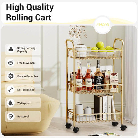 3 Tier Rolling Utility Cart With Mesh Baskets And Gold Finish Easy Assembly in a living room setting