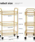Gold 3 tier rolling utility cart with mesh baskets and gold finish easy assembly a real workhorse on wheels dimensions