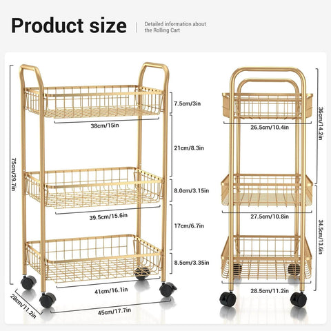 Gold 3 tier rolling utility cart with mesh baskets and gold finish easy assembly a real workhorse on wheels dimensions