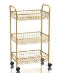 3 Tier Rolling Utility Cart With Mesh Baskets And Gold Finish Easy Assembly A Real Workhorse On Wheels For Kitchen Living Room Office And Salon Portable Service Cart Durable Steel Frame Space Saver And Versatile Trolley