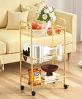 3 Tier Rolling Utility Cart With Mesh Baskets And Gold Finish Easy Assembly in living room setting