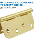4x4 inch satin brass hinge with eight holes, part of 12 Pack 4x4 Inch Gold Exterior Door Hinges Heavy Duty Iron With Eight Holes Five Eighths Inch For Doors Cabinets Gates Sheds Coops Indoor Outdoor Use Includes Screws Quick Install