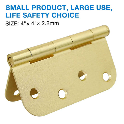 4x4 inch satin brass hinge with eight holes, part of 12 Pack 4x4 Inch Gold Exterior Door Hinges Heavy Duty Iron With Eight Holes Five Eighths Inch For Doors Cabinets Gates Sheds Coops Indoor Outdoor Use Includes Screws Quick Install