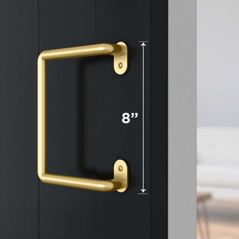 National Hardware N700-105 Interior Sliding Barn Door Troy Pull 8 Inch Brushed Gold Finish on black door