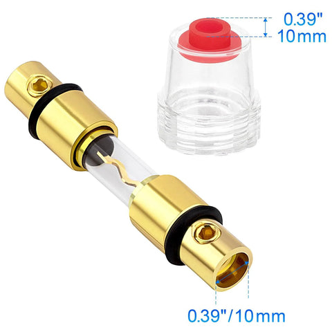 Dual Fuse Holder Kit With 100A AGU Fuses, in line car audio fuse block with gold plated terminals and clear body.