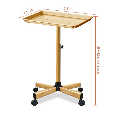 Premium Aluminum Salon Tray With Adjustable Height From 26 To 43 Inches On Wheels, Corrosion Resistant Mobile Tool Tray Gold
