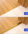 Before and after installation of T Molding Floor Transition Strip, Aluminum Laminate Flat Divider for Joining Gaps, Threshold, Tiles, Gold, 4ft x 1.6in.