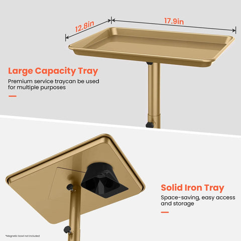 Gold Aluminum Salon Rolling Tray On Wheels With Adjustable Height For Hairstylists featuring large capacity tray and solid iron base
