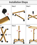 Installation steps for Premium Aluminum Salon Tray With Adjustable Height From 26 To 43 Inches On Wheels, showing assembly process.