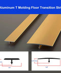Aluminum T Molding Floor Transition Strip in gold, showing 4ft x 1.6in size and thickness, ideal for joining gaps in flooring.