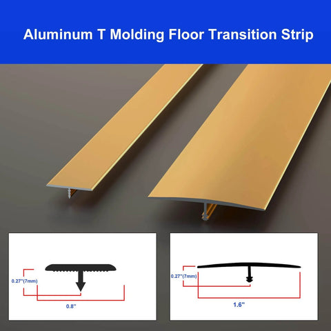 Aluminum T Molding Floor Transition Strip in gold, showing 4ft x 1.6in size and thickness, ideal for joining gaps in flooring.