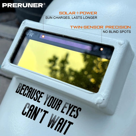 Shade 10 Auto Darkening Welding Lens with Gold Coating 0.01ms Reaction Time in a welding hood featuring text about features.