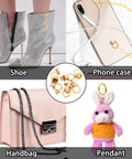 Rotatable Ball Post Head Buttons Set of 12 Pieces With D Ring Metal Rings in use on shoes, phone case, handbag, and pendant with gold tone.