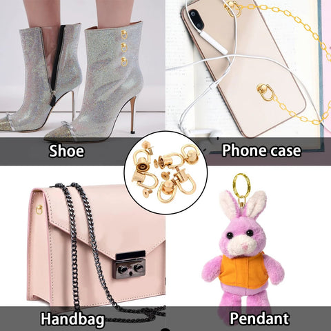 Rotatable Ball Post Head Buttons Set of 12 Pieces With D Ring Metal Rings in use on shoes, phone case, handbag, and pendant with gold tone.
