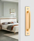 Gold Aluminium Alloy Sliding Barn Door Handle Set With 2 Pulls And 4 Screws 5.8 Inch Length 148mm Installed on Modern Bedroom Door