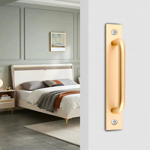Gold Aluminium Alloy Sliding Barn Door Handle Set With 2 Pulls And 4 Screws 5.8 Inch Length 148mm Installed on Modern Bedroom Door
