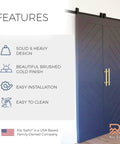 Gold Barn Door Handle Kit With Latch Lock Set Brass Finish installed on dark wooden sliding doors in an interior setting.