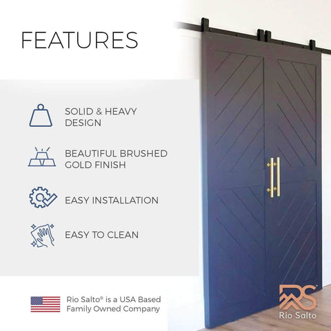 Gold Barn Door Handle Kit With Latch Lock Set Brass Finish installed on dark wooden sliding doors in an interior setting.
