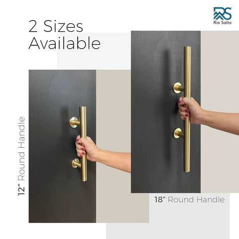 12-Inch Gold Barn Door Handle Kit With Latch Lock Set For Closet Sliding Doors, shown in use on a black door