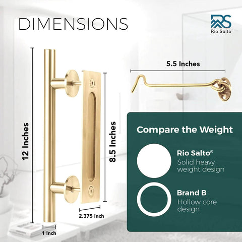 Gold Barn Door Handle Kit With Latch Lock Set Brass Finish For One Door Closet Sliding Doors Includes Twelve Inch Pull Handle Bar And An Eight Point Five Inch Flush Pull Plate Matching Gold Screws Two Three Eight Inch Round Pads And A Five Point Five