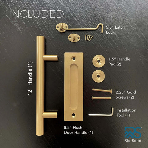 Gold Barn Door Handle Kit With Latch Lock Set Brass Finish For One Door Closet Sliding Doors Includes Twelve Inch Pull Handle Bar And An Eight Point Five Inch Flush Pull Plate Matching Gold Screws Two Three Eight Inch Round Pads And A Five Point Five