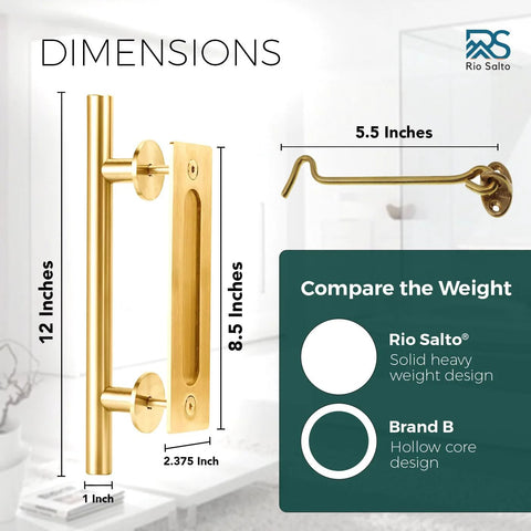 12-Inch Gold Barn Door Handle Kit With Latch Lock Set For Closet Sliding Doors, Includes Pull Handle, Flush Plate, Matching Gold Screws