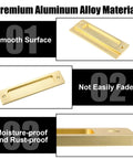 2 Piece Sliding Barn Door Closet Handles Set With Gold Coating, 6 Inch Rectangular Finger Pulls, showing durability and rust-proof features.