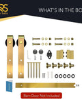 Gold Barn Door Hardware Kit For 59 Inch Sliding Track Internal Modern Interior Aluminum Kit With Brushed Brass Finish Complete Mounting Hardware Smooth Operation No Door Included Ready To Install displayed with components