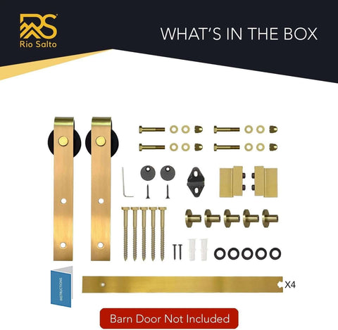 Gold Barn Door Hardware Kit For 59 Inch Sliding Track Internal Modern Interior Aluminum Kit With Brushed Brass Finish Complete Mounting Hardware Smooth Operation No Door Included Ready To Install displayed with components