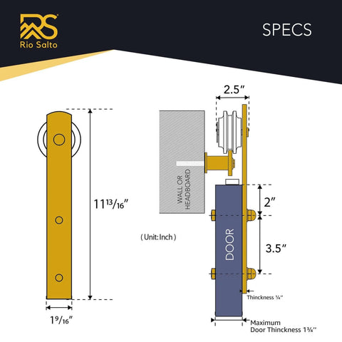 Technical specifications of Gold Barn Door Hardware Kit for 59 Inch Track with measurements in inches shown.