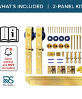 Gold Finish Bifold Sliding Barn Door Hardware Kit For Two Doors 36 Inch Track Heavy Duty Metal System With Matching Knobs No Door Included Ideal For Closet Doors And Interior Barn Spaces components shown