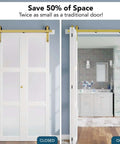 Gold Finish Bifold Sliding Barn Door Hardware Kit For Two Doors 36 Inch Track installed in home, open and closed view