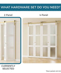 Gold Finish Bifold Sliding Barn Door Hardware Kit For Two Doors 36 Inch Track with 2-panel and 4-panel options shown, no door included
