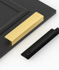 Ten Pack Black 3 Inch Cabinet Handles Finger Pulls Edge Pulls for Cabinets and Drawers Aluminum Alloy Flat Hidden Hardware displayed on surface