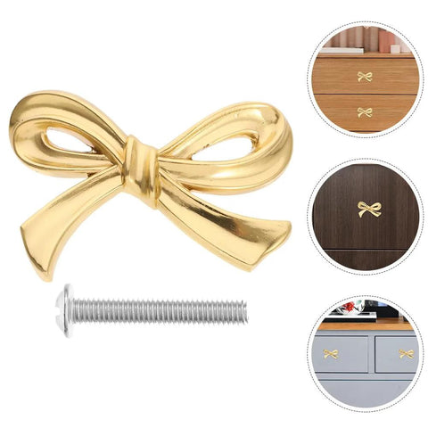 Gold Bow Knobs For Dresser Set Of 4 Brass Drawer Knobs with screw displayed; shown installed on wood and painted furniture surfaces.