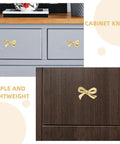 Gold Bow Knobs For Dresser Set Of 4 Brass Drawer Knobs Decorative Vintage Gold Handles on grey and dark wood cabinets.