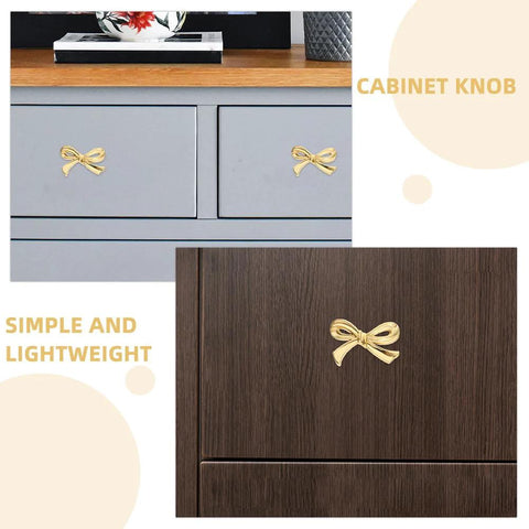 Gold Bow Knobs For Dresser Set Of 4 Brass Drawer Knobs Decorative Vintage Gold Handles on grey and dark wood cabinets.