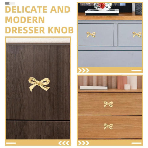 Gold Bow Knobs For Dresser Set Of 4 Brass Drawer Knobs Decorative Vintage Gold Handles on wood and blue dressers
