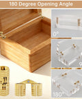 Hidden Brass Barrel Hinges Set With 8 mm Drill Bit For Wooden Boxes Jewelry Boxes And DIY Hand Craft Projects Featuring 180 Degree Concealed Opening In Gold Finish Eight Hinges For Arts And Crafts Enthusiasts shown in box and angle diagrams
